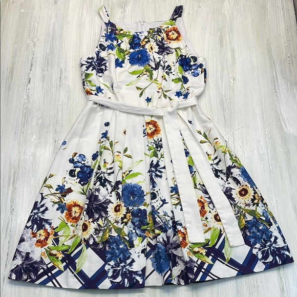 Leslie Fay Floral Dress in Blue and White Sz 10 - Picture 1 of 9